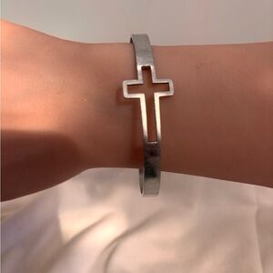 Modern Minimalist Silvertone Cross Cuff Bracelet